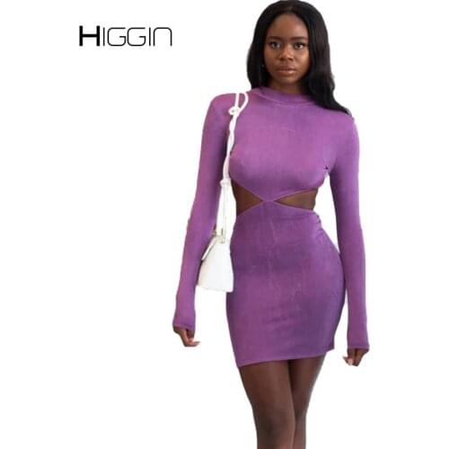 Purple Long Sleeve Sexy Dress Waistless O-Neck Package Hip Women Short Dress For Party Club Ladies Autumn Bandage Thigt Dress