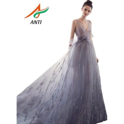 ANTI Lavender purpler Evening Dresses 2019 Sexy Backless V-neck Sleeveless Formal Pearls Embroidery Party Long Gowns With Bow