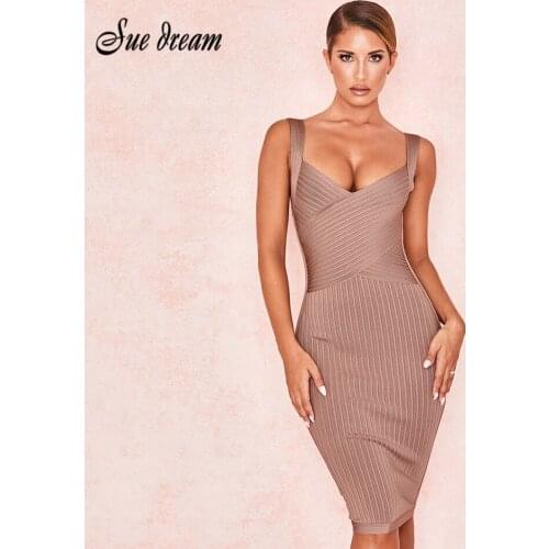 2021 Summer New Womens Dress Brown Sexy Backless Spaghetti V-neck Bodycon Bandage Dress Club Party Dress Vestidos
