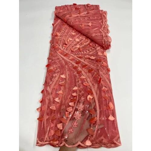2021 High Quality Tulle Lace Fabric 3D Applique Flower French Sequins Lace Peach African Lace Fabric For Wedding Dress Material