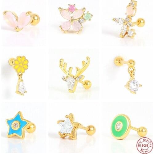 BOAKO 925 Sterling Silver Pink Crystal Enamel Star Stud Earrings For Women Waterdrop Zircon Charm Mini Elk Deer Ear Studs Jewel