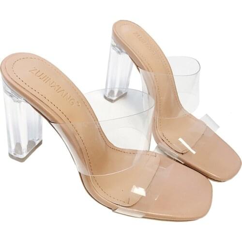 Summer Women Ankle Strap Sandals PU Slip On Square heel Transparent 9.5CM High Heels Sandals Women Shoes Sexy Pumps