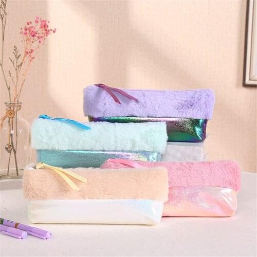 2021 Colorful Plush Portable Stitching Pencil Case Kawaii Large Capacity Zipper Pen Bag For School Office Stationery Supplies