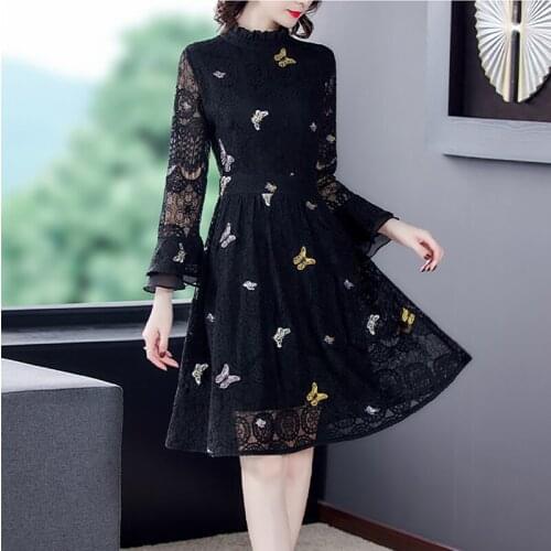 Black Elegant Lace Floral Embroidery Midi Dresses 2021 Spring Solid Plus Size Vintage Casual Dress Women Bodycon Party Vestidos