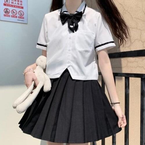 Sweet Cute Short Sleeve JK Uniform White Shirt Girl Japanese Wild Black JK Pleated Skirt 2021 Summer College Style 2 Piece Sets