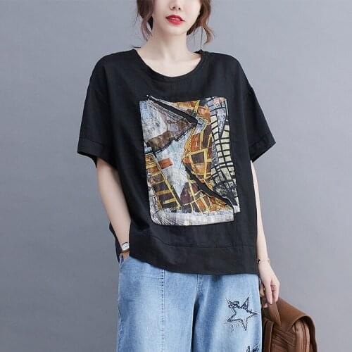 Creative Printing Women Black White T Shirt Streertwear Tops Short Sleeve Summer Style Cotton Linen Tops Patchwork Tshirt Mujer