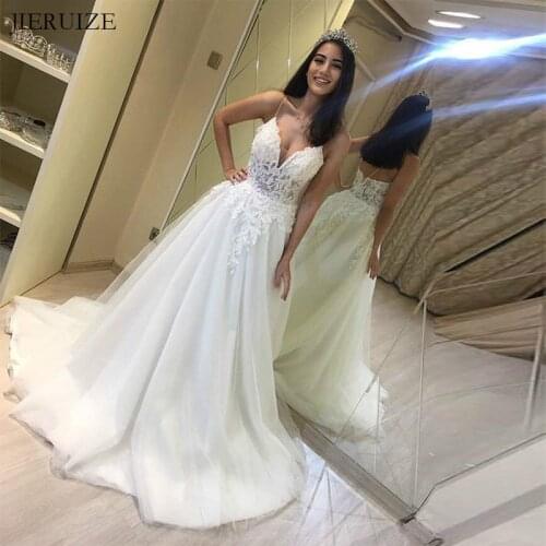 JIERUIZE White Lace appliques Wedding Dresses v-neck Spaghetti Straps Sheer Bride Dresses Wedding Gowns robe de mariee