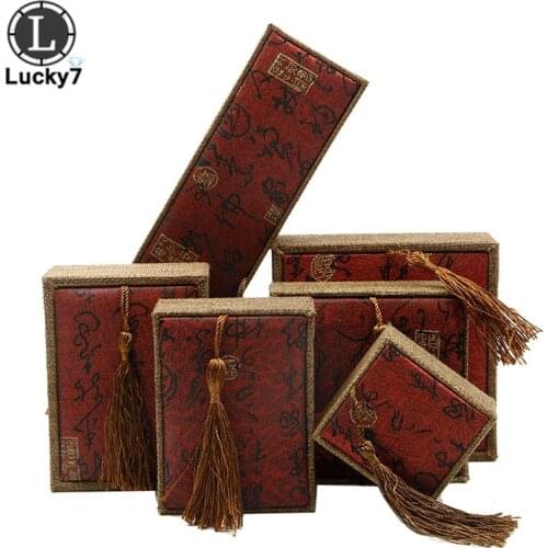 Chinese High-grade Ring Box Retro Red Linen Calligraphy Jewelry Box Pendant Bracelet Tassel Box Necklace Box