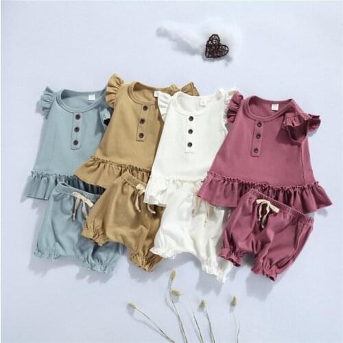 2021 0-24M Baby Girl Clothing Set Button Solid Color Button Ruffle Sleeveless Top+Shorts Summer Casual Outfits 2pcs