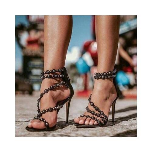Summer Plus Size 47 Studs Open Toe Woman High heels Rome Style Ankle Wrap Stiletto Party Dress Pumps Black Sandals Female