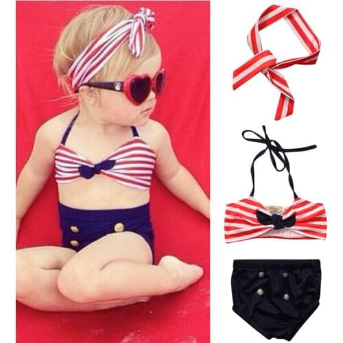 Summer Kids Swimwear kids Baby Girl Striped Tops Brief Bikini 3pcs Set+Headband Swimwear Swimsuit Beachwear Suit