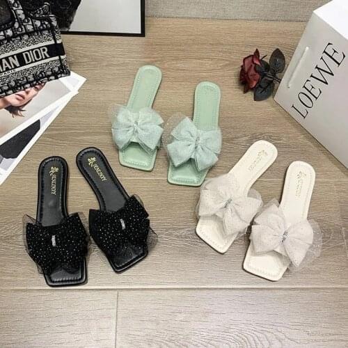 Sweet Bowknot Mesh Rhinestone Summer Beach Outdoor Slippers Women Designer Flat Slides For Home Square Toe Mules Shoes 2021 New