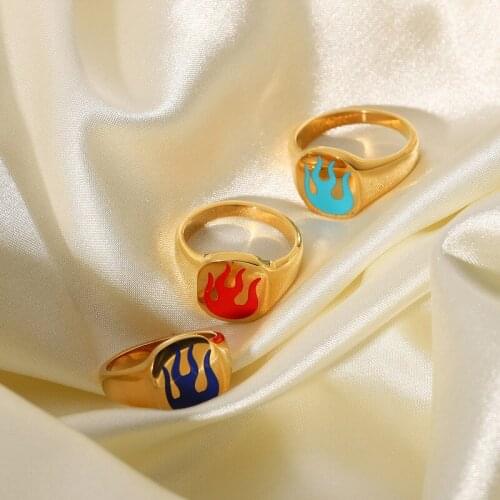 Minar Fashion Red Blue Fire Printed Rings Stainless Steel Gold Color Chunky Index Finger Rings for Women Couple Accessories
