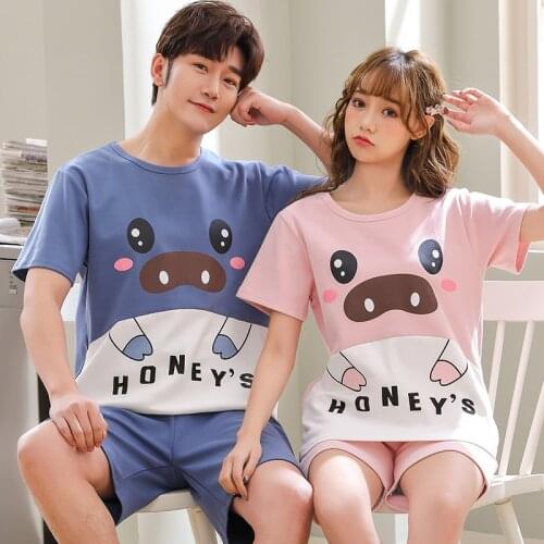 Fashion Cartoon Pullover Short Sleeve Pants Pajama Couples Lovers Jammies O-Neck Casual Sleepwear Nightwear Pyjamas 6535 Cotton