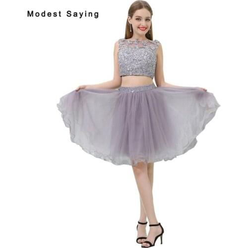 Elegant Grey Beaded Short 2 Pieces Lace Short Homecoming Dresses 2017 for Size 18 Girls Mini 8th grade Graduation Prom Gowns