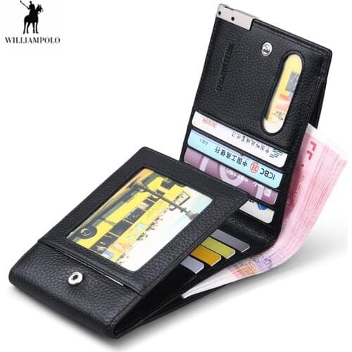 WILLIAMPOLO Men Trifold Wallet 12 Card Slots Business ID Card Holders Mens Genuine Leather Purse Zipper Coin purse wallet men