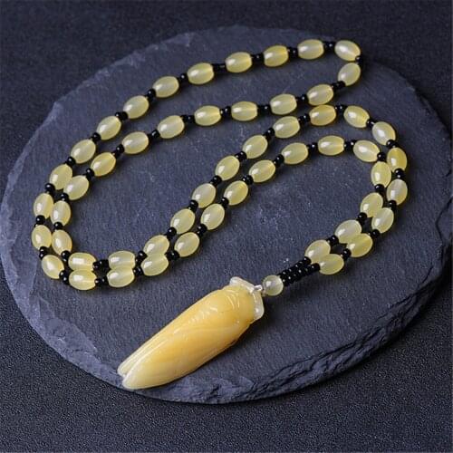 For Yellow Jade Cicada Carved Amulet Lucky Beads Insect Animal Pendant Necklace Gift