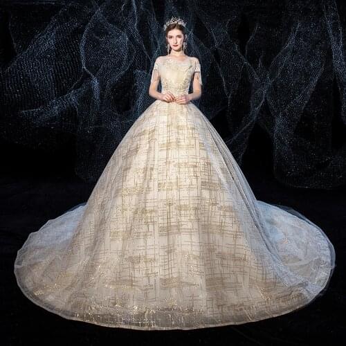 Wedding Dress Champagne Bride Dress Short Sleeve Boat Neck Court Train Ball Gown Princess Luxury Vestido De Noiva Plus Size