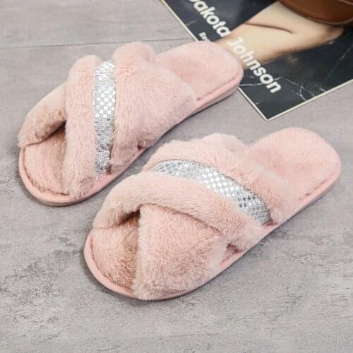 Women Faux Fur Slippers Plush Shoes Open Toe Winter Warm House Home Indoor Female Non-slip Pantuflas Bedroom Chaussons Autumn