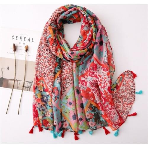 Bright Floral Scarf for Women Cute Large Painting Hijab Head Scarf Blanket Soft Wrap [6680]