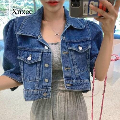 2021 Puff Sleeve Crop Denim Jacket Women Summer Street Outerwear Korean Fashion Designer Short Blue Jean Coat Ladies Clothing
