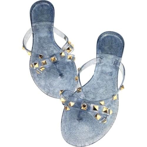 MR CO Women Sandals Flat Jelly Shoes Bow V Flip Flops Stud Beach Shoes Summer Rivets Slippers Thong Sandals Nude