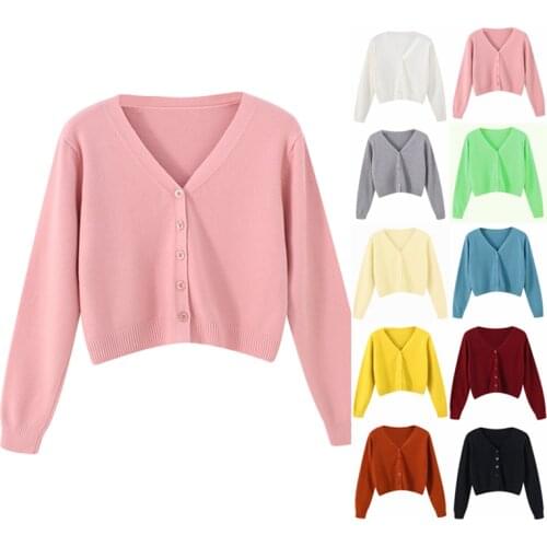 Pink Cardigan Womens Long Sleeve Cropped Sweater Fashion Knitted Womens Clothing Solf V-neck Tops Green