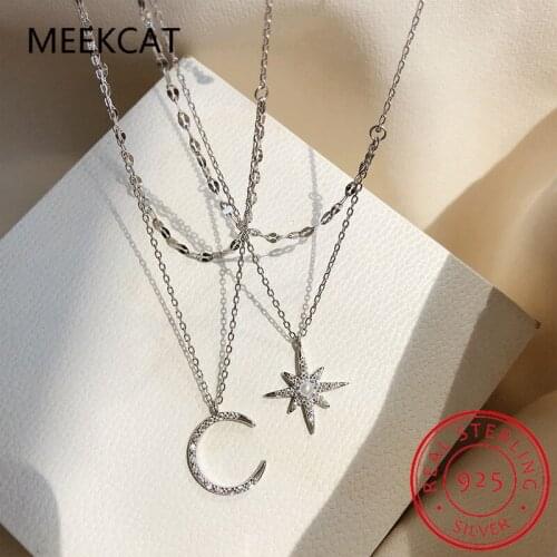 925 Sterling Silver Shiny CZ Moon Star Necklace for Women Double Layer Necklace Choker Colar de Prata Daily Party Jewelry Gift