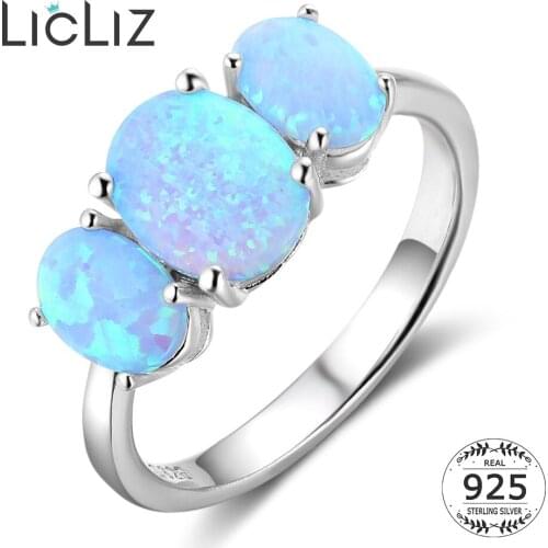 LicLiz 925 Sterling Silver Three Stone Ring For Women Oval Blue Opal Ring Gemstone Solitaire Ring Wedding Band For Party LR0370