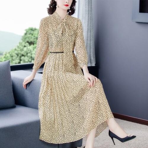 2021 Women Vintage Dot Print Chiffon Dresses Spring Autumn Korean Office Lady Midi Dress Casual Elegant Bodycon Party Vestidos