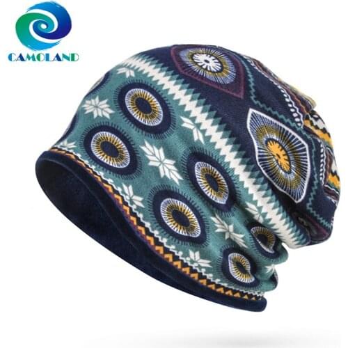 CAMOLAND 2 IN 1 Winter Plus Fleece Skullies Women Men Warm Floral Design Beanies Double Use Thermal Scarf Outdoor Hedging Caps