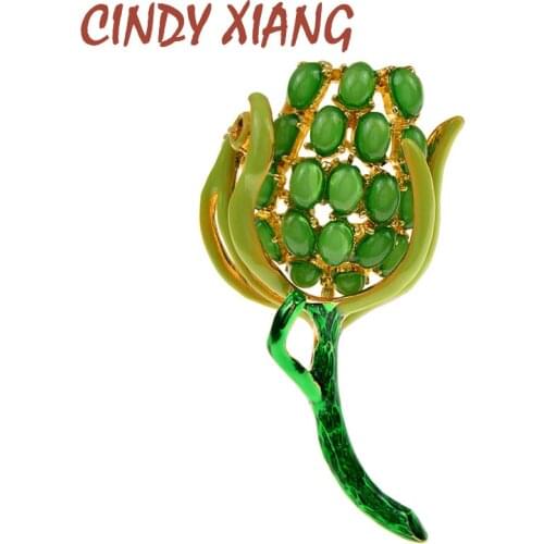 CINDY XIANG New Elegant Tulip Flower Brooch Pins Costume Jewelry Clothes Accessories Fresh Green Gem Stones Brooches For Wedding