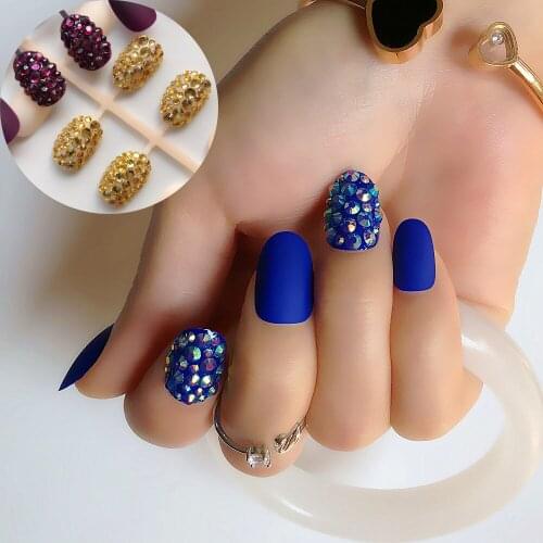 24pcs Sapphire Blue Press On Nails Custom Full Rhinestones Decoration Round Head False Nails Matte Frosted Fake Nail Tips