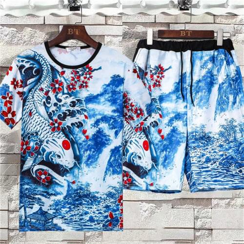 2021 summer new T-shirt mens suit summer short-sleeved shorts casual sports suit loose personality printing for men set