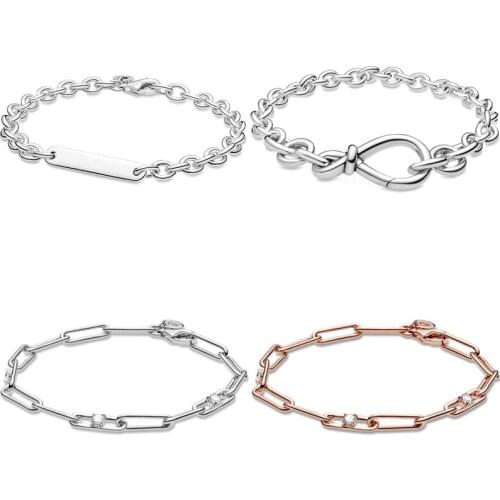 Engravable Bar Link Chain & Stones Chunky Infinity Knot 925 Sterling Silver Bracelet Fit Europe Bangle Bead Charm Diy Jewelry