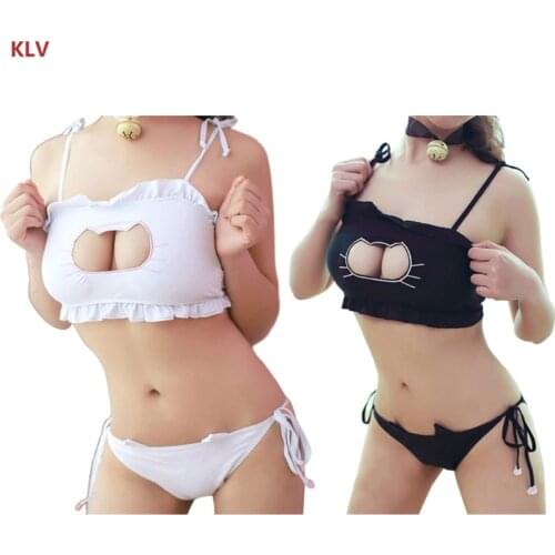 KLV Cosplay Cat Hollow Keyhole Bra With Briefs Lingerie Underwear Set With Necklace