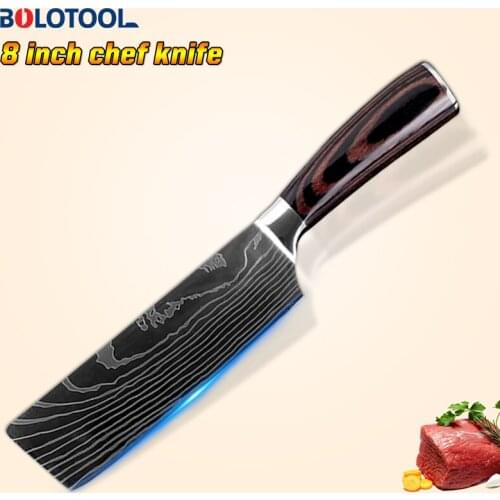 Kitchen Knife Damascus Laser Pattern Nakiri Cleaver Chef Knife 7" Meat Chopping 440C Stainless Steel Vegetables Knife Non-Stick