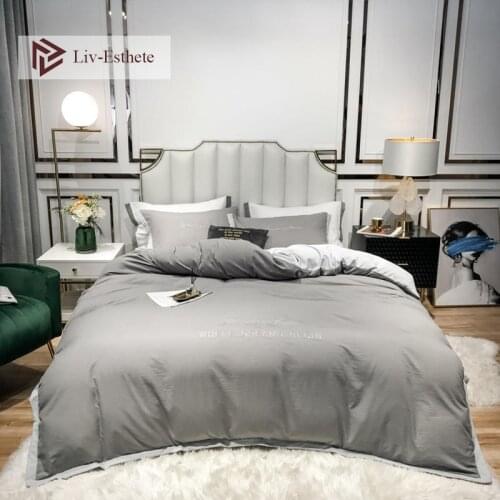 Liv-Esthete 100% Cotton Gray Bedding Set Duvet Cover Flat Sheet Pillowcase Double Quilt Cover Queen King For Women Free Ship