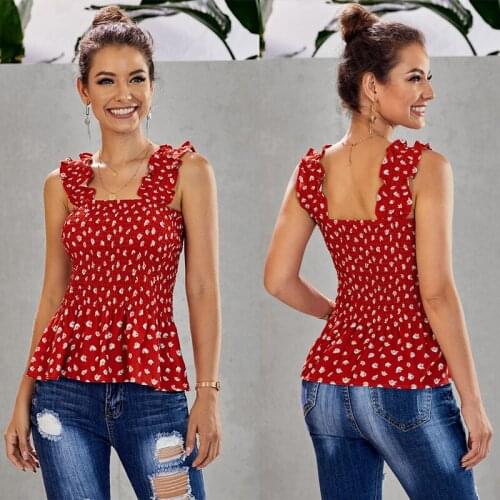 Rockabilly Style Floral Print Summer Sleeveless Ruched Tank Tops Woman Ruffle Hem Elastic Straps Sexy Female Flower Top Vest