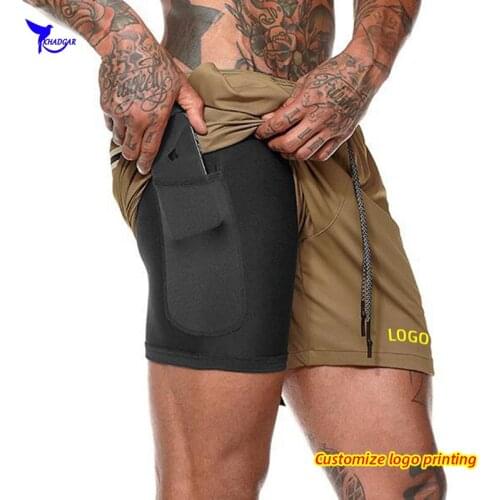 2020 Men 2 in 1 Running Shorts Jogging Gym Fitness Training Quick Dry Beach Short Pants Summer Sportswear Workout Bottoms Custom