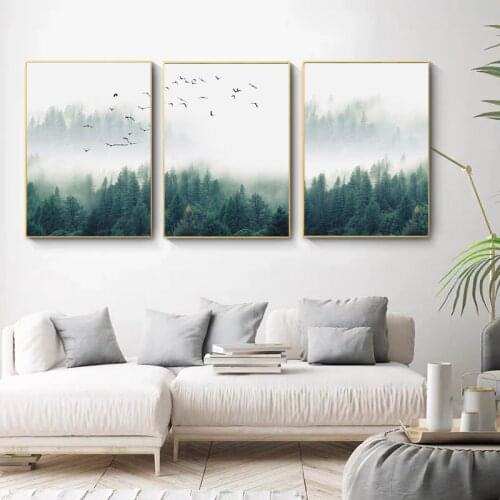Nordic Fog Forest Birds Landscape Posters And Prints Canvas Painting Quadros Wall Art Picture For Living Room Home Decor Cuadros