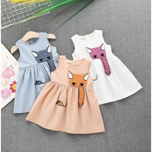 2018 New Girls Cotton Dress Summer Children Clothing Sleeveless Cartoon Cat Catch Mouse Kids Belt Princess Birthday Clothes 1-4T