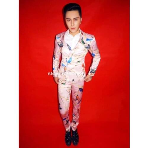 New Original Design Mens Fashion Flower pink Birds Print Suits Costumes Nightclub Male DJ singer stage wear Party formal dress