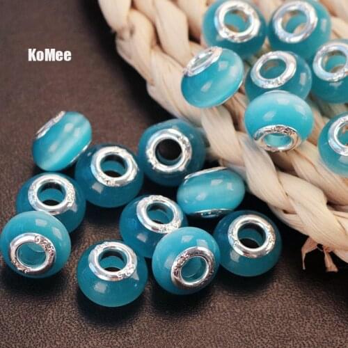 Opal Cats Eye Large Hole Stone Charm Beads! 50pcs/lot 9*14mm Lake Blue Big Hole Spacer Beads For European Craft Jewelry Making