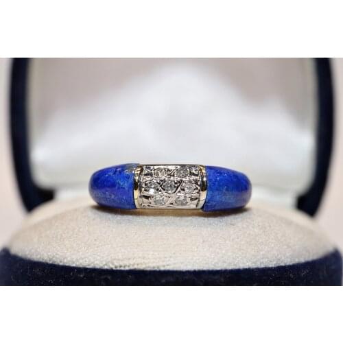 Original Vintage 14k Gold Natural Diamond And Lazuli Lapis Decorated Pretty Strong Ring