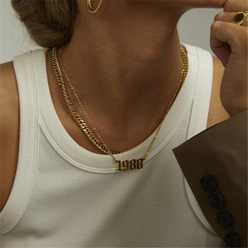 AurolaCo Customized Name Necklace Personalized Birth Year Necklace Cuban Name Necklace Stainless Steel For Women Jewelry Gift