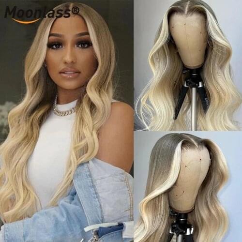Moonlass Blonde Highlight Human Hair Lace Front Wave Wigs Brazilian Wig Pre Plucked With Baby Hair Lace Front Wigs 8-20Inches