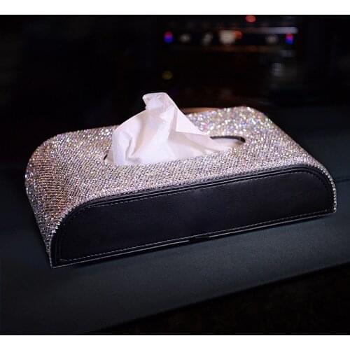 Cover Crystal Rhinestone Block Paper Storage Box Luxury Leather Car Tissue Box Car Accessories For Women Girls