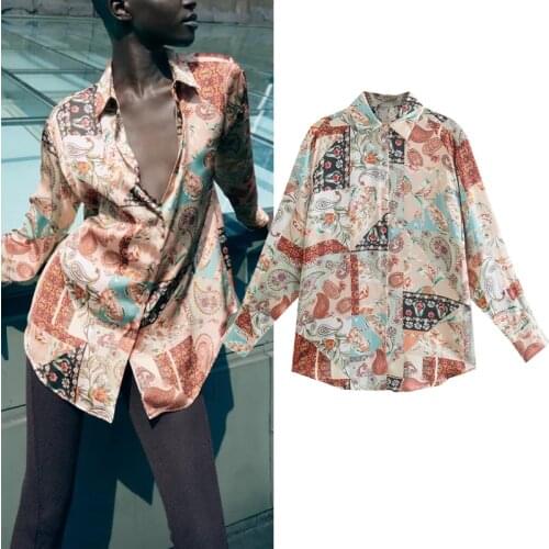 TRAF Za 2021 Satin Shirt Woman Print Button Up Shirt Women Collared Long Sleeve Vintage Top Female Autumn Streetwear Blouse