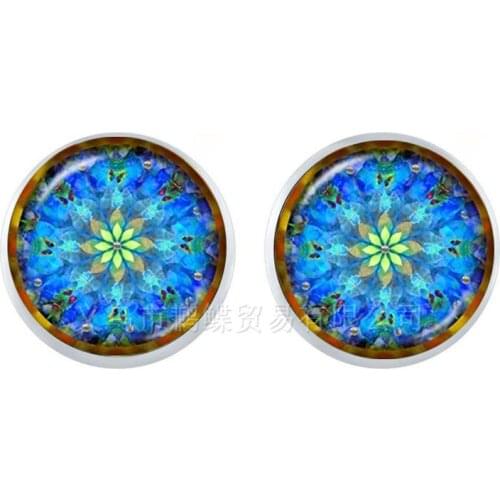 Mandala Flower Stud Earrings OM Yoga Zen Buddhism Earrings 12mm Glass Cabochon Dome Religious Buddhism Jewelry For Women